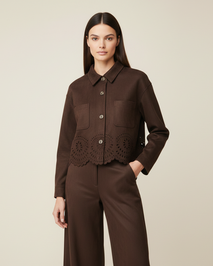 Hollow hem suede jacket+pants set