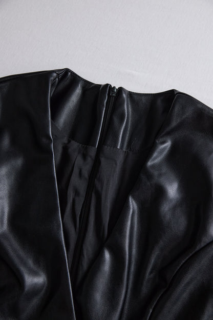 Sleek Black Faux Leather Wrap Mini Dress