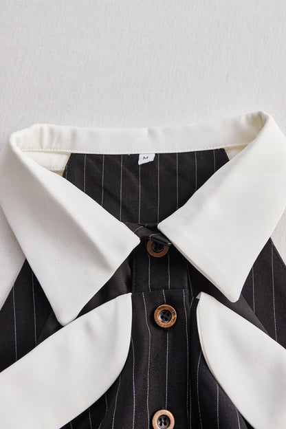 Pinstripe Top With Contrast Collar And Button Front