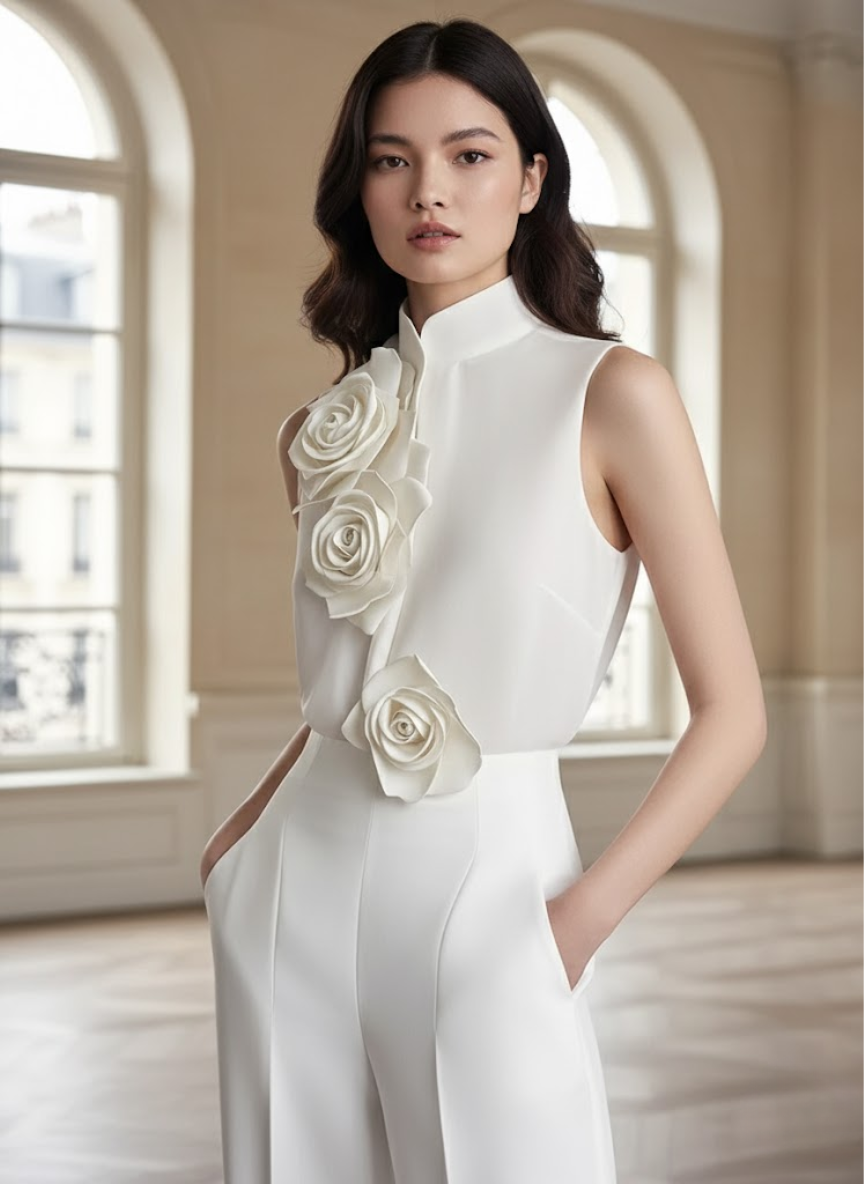 Modern Sleeveless White Blouse with 3D Rose Accents