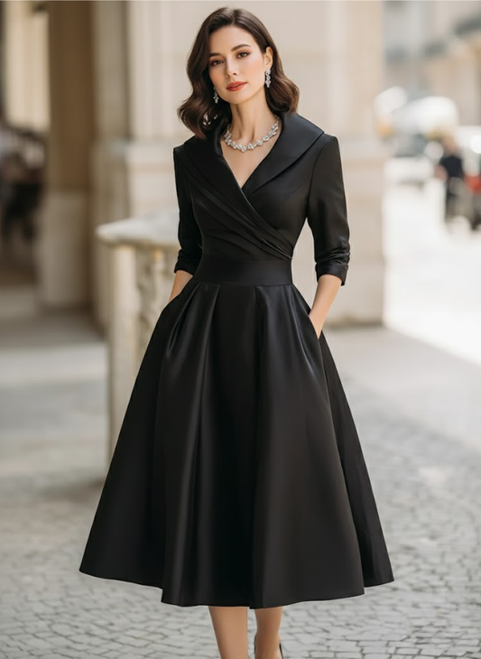 Vintage-Inspired Satin Midi Dress With Draped Collar