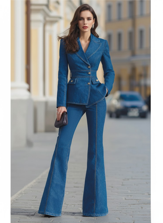 Tailored  Denim Blazer & Flared Pants Two-Piece Set