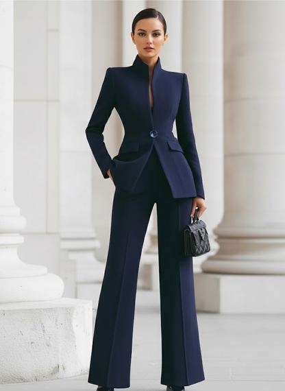 Sophisticated  High-Collar Blazer & Wide-Leg Trousers Set