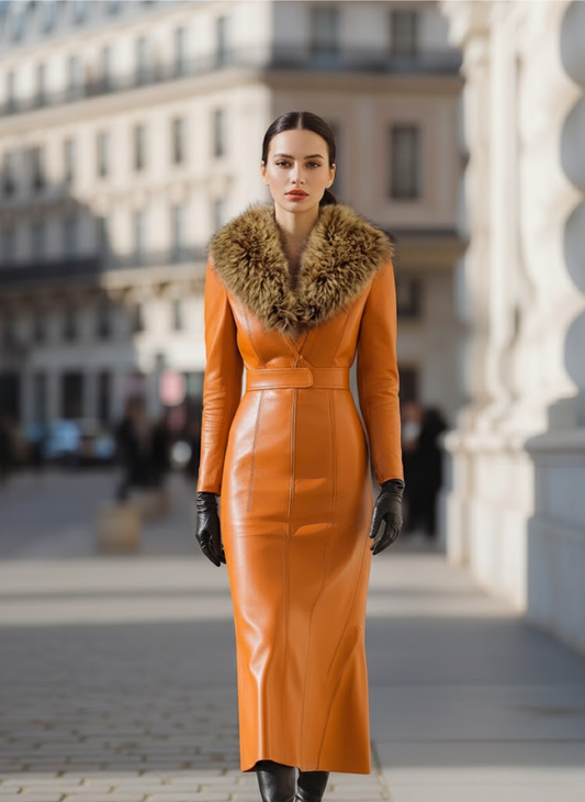 Orange Faux Leather Maxi Dress With Luxurious Fur Collar