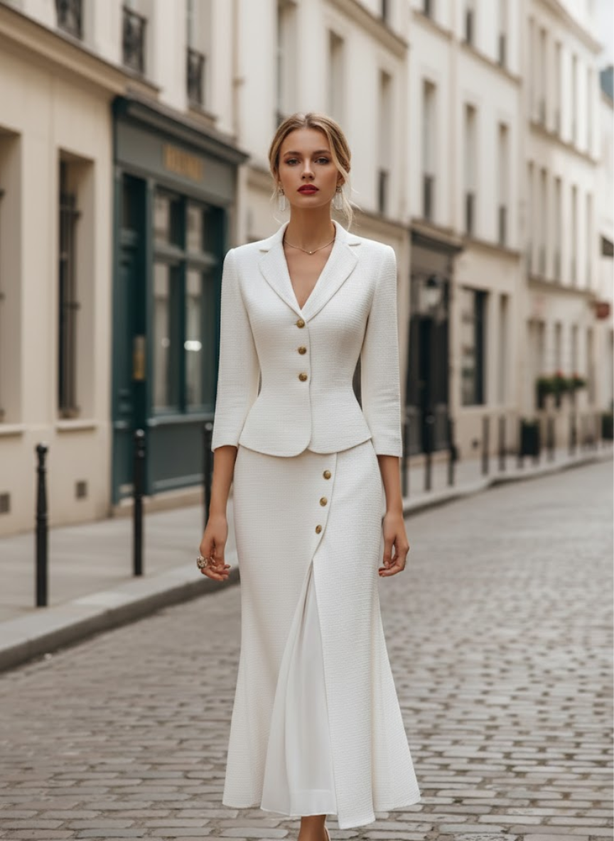 Elegant Textured Buttoned Blazer & Midi Skirt Set