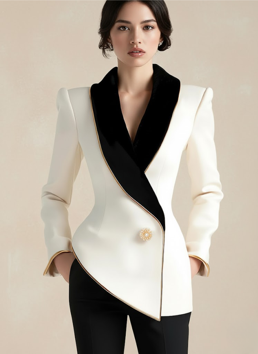 Elegant Asymmetrical White Blazer with Black Contrast Lapels