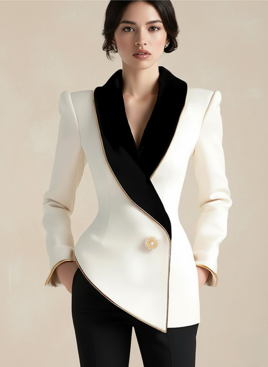 Elegant Asymmetrical White Blazer with Black Contrast Lapels