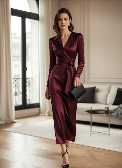 Timeless Burgundy Satin Wrap Dress with Waist Tie Detail