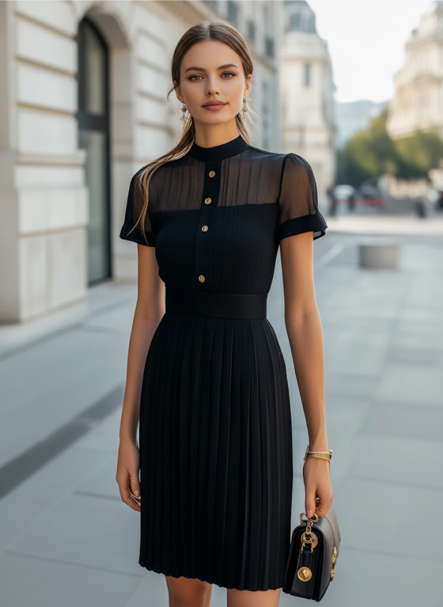 Elegant Sheer High-Neck Button-Up Pleated Dress