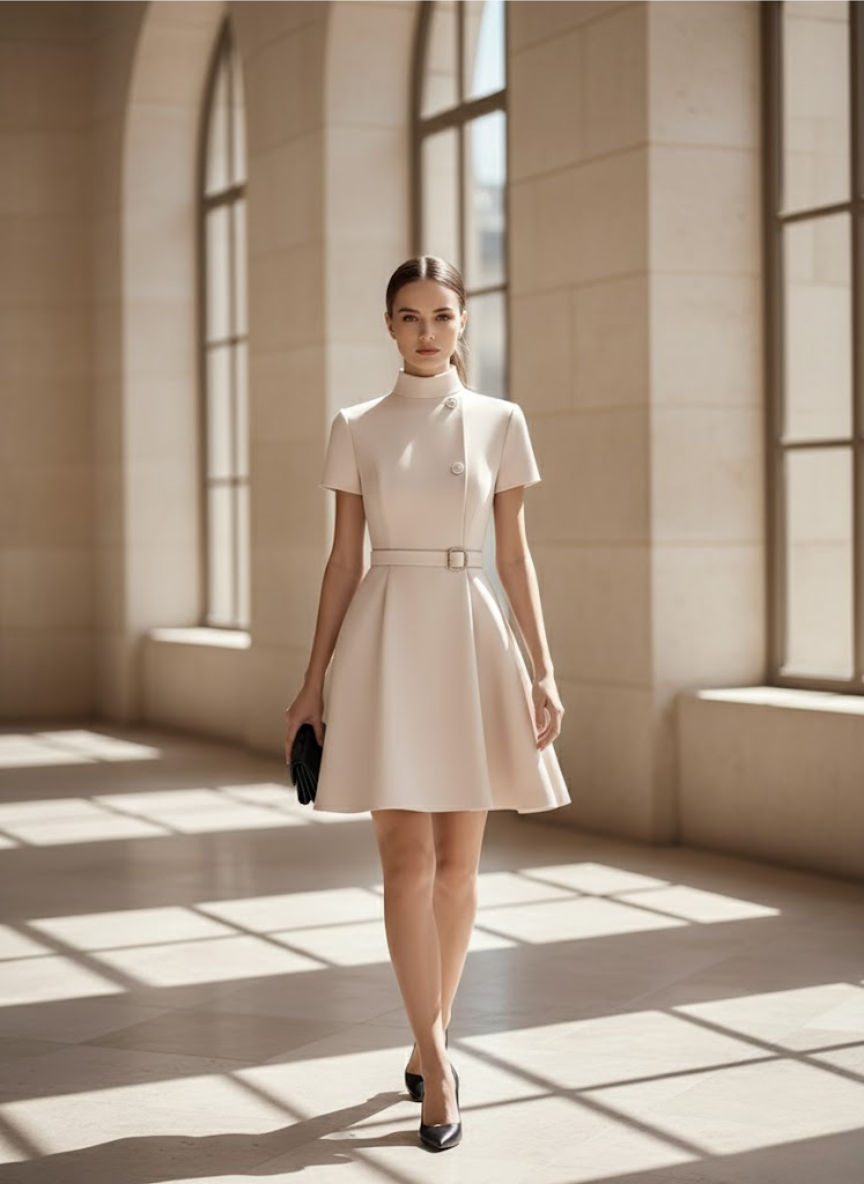 Elegant Black High-Neck Dress with Belted Waist