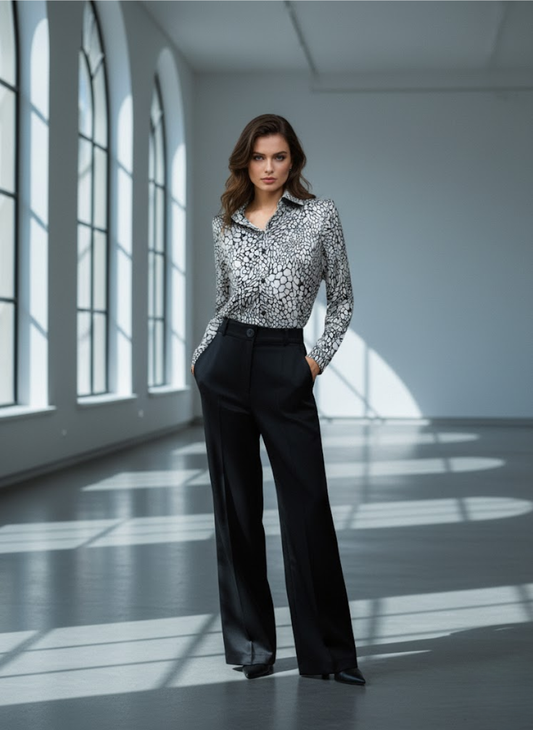 Modern Satin Printed Blouse with Classic Snake Pattern Elegance