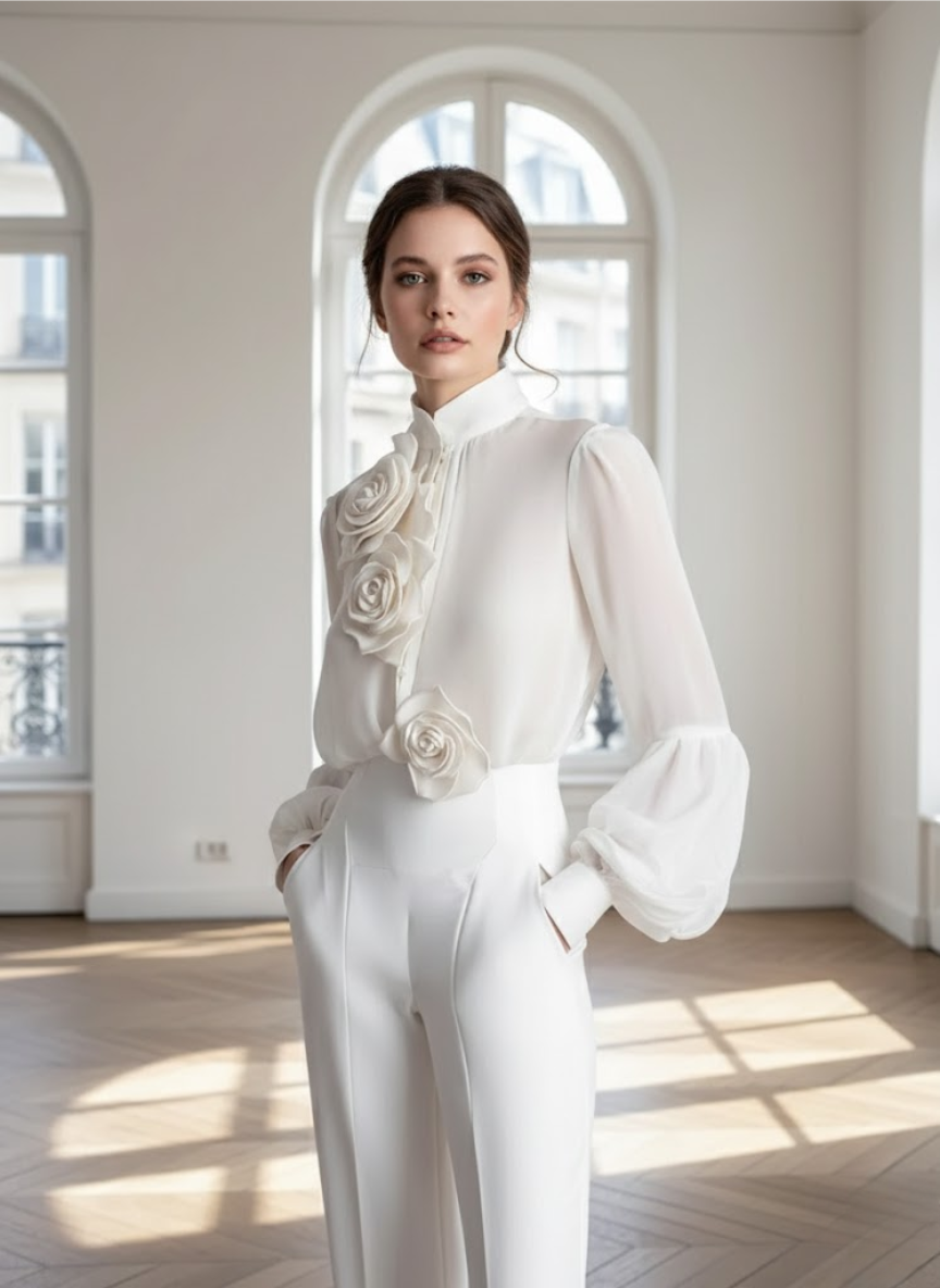 Modern White Blouse with 3D Rose Accents