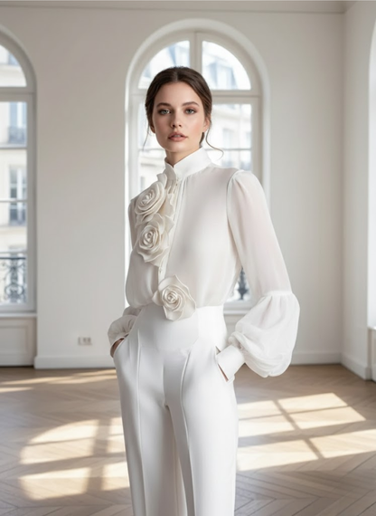 Modern White Blouse with 3D Rose Accents