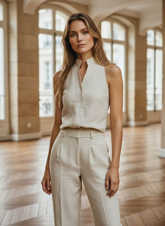 Minimalist High-Collar Sleeveless Linen Blouse