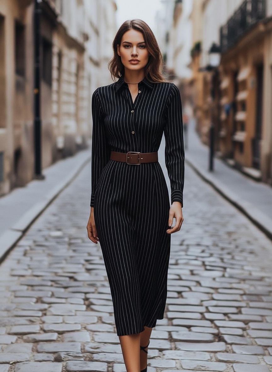 Classic Black Pinstripe Shirt Dress