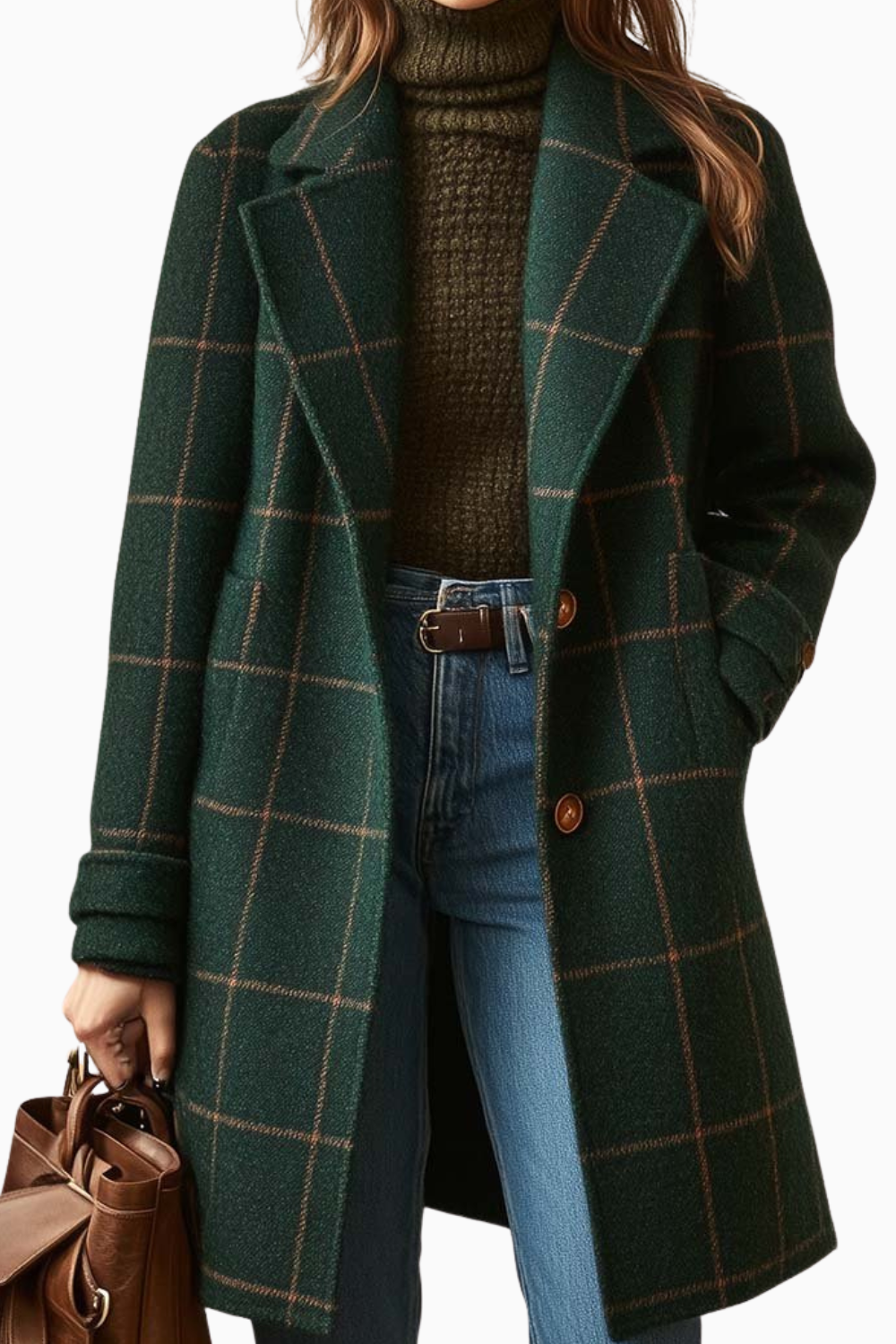 KAITLYN | Manteau long en tweed a carreaux et col revers