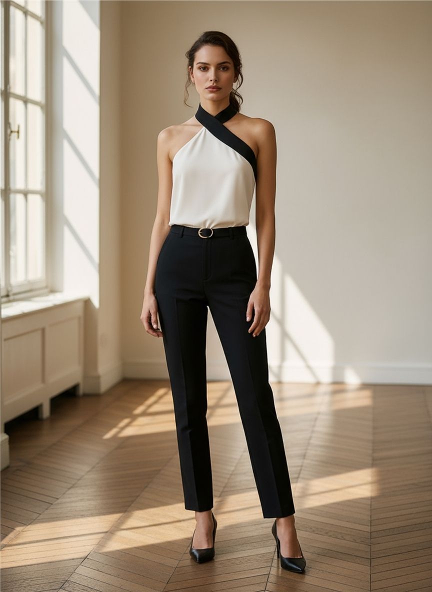 Contrast Trim Asymmetric Halter Neck Sleeveless Blouse