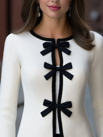 Knit Bow-Front Cardigan With Black Trim