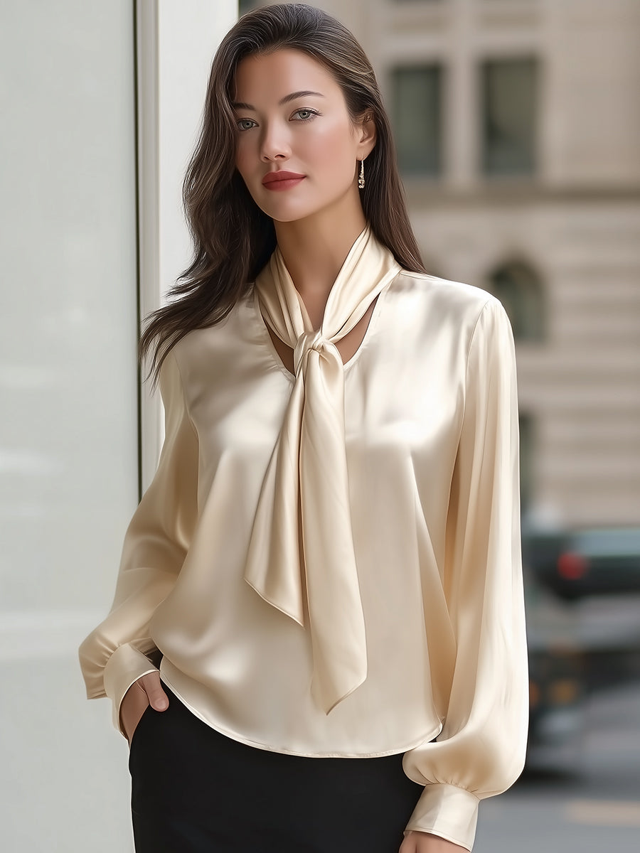 Champagne Satin Tie-Neck Puff-Sleeve Blouse