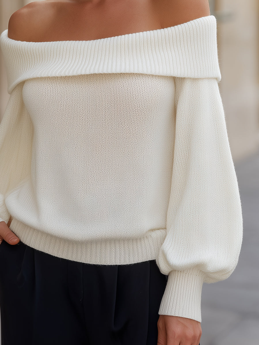 Off-Shoulder Knit Sweater With Folded Collar