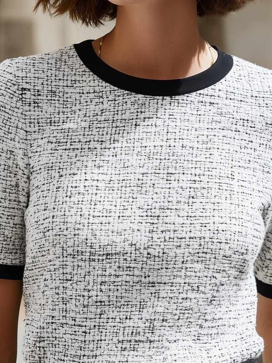 Ivory Bouclé Knit Short Sleeve Top With Contrast Trim