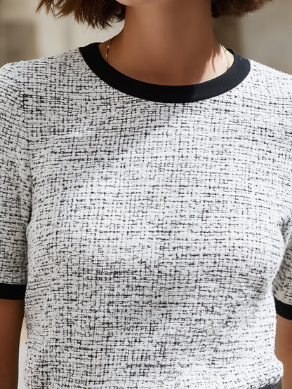 Ivory Bouclé Knit Short Sleeve Top With Contrast Trim