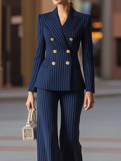 Elegant Navy Pinstripe Double-Breasted Suit Set
