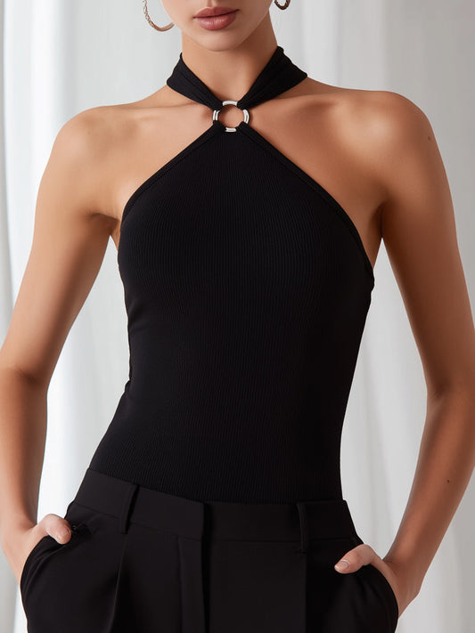 Black Halter Neck Ribbed Top With Metal Ring Detail
