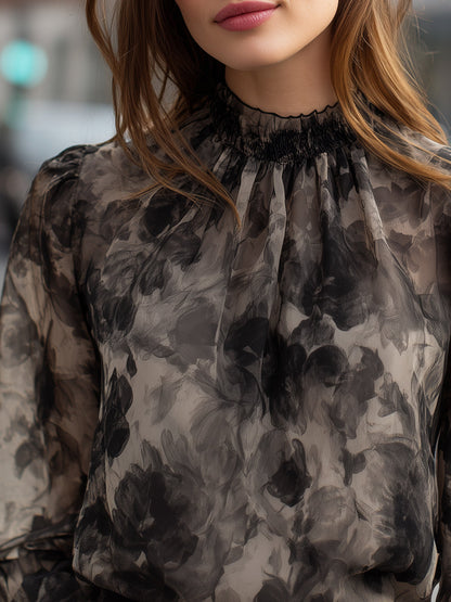 Sheer Floral Print High-Neck Long Sleeve Blouse