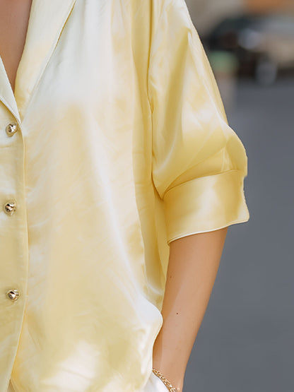 Elegant Soft Yellow Satin Button-Front Blouse With Relaxed Silhouette