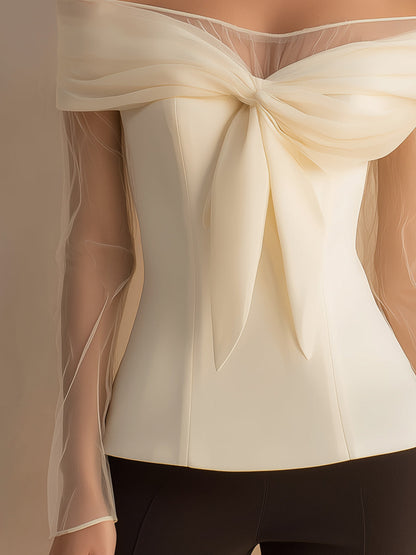Off-Shoulder Bow Detail Top With Sheer Sleeves