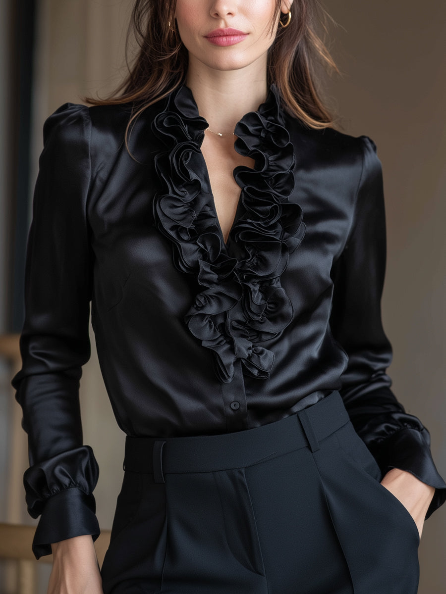 Black Satin Ruffled V-Neck Long Sleeve Blouse