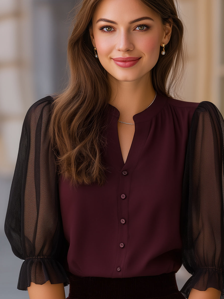 Sheer Puff Sleeve Button-Up Blouse