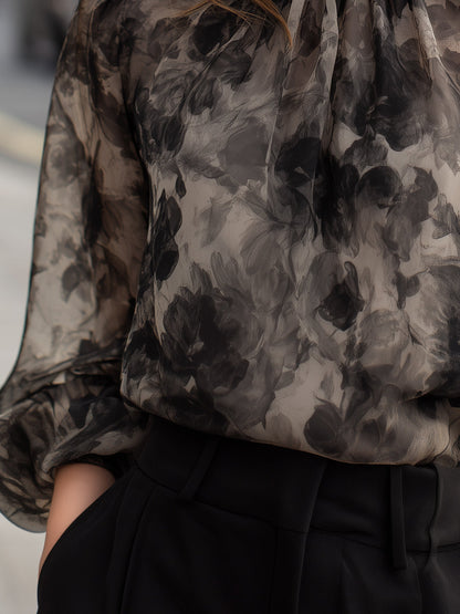 Sheer Floral Print High-Neck Long Sleeve Blouse