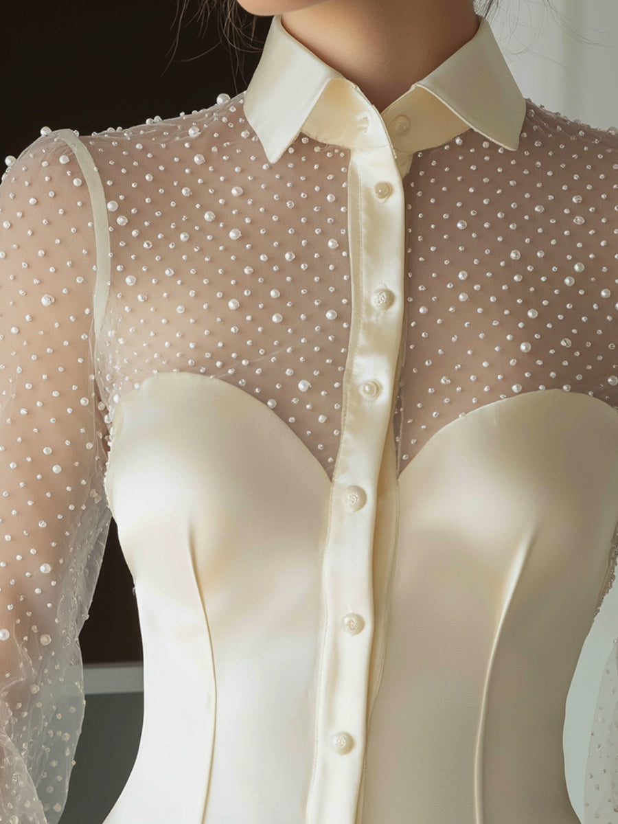 Pearl-Embellished Sheer Sleeve Structured Blouse
