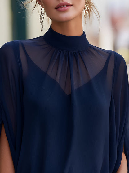 Sheer High-Neck Chiffon Blouse With Soft Pleated Yoke