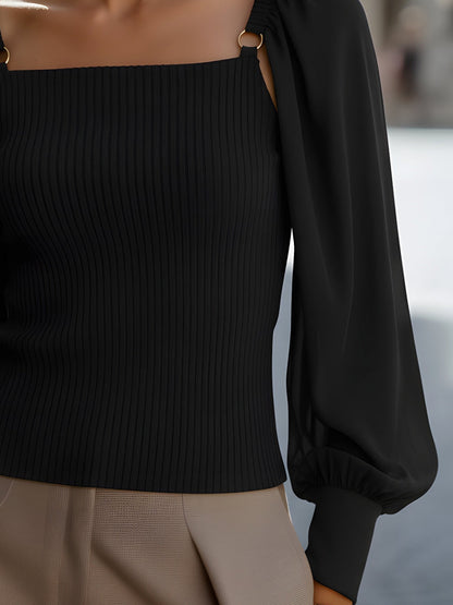 Ribbed Knit Top With Chiffon Balloon Sleeves