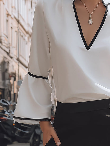 Contrast-Trim V-Neck Elegant Blouse
