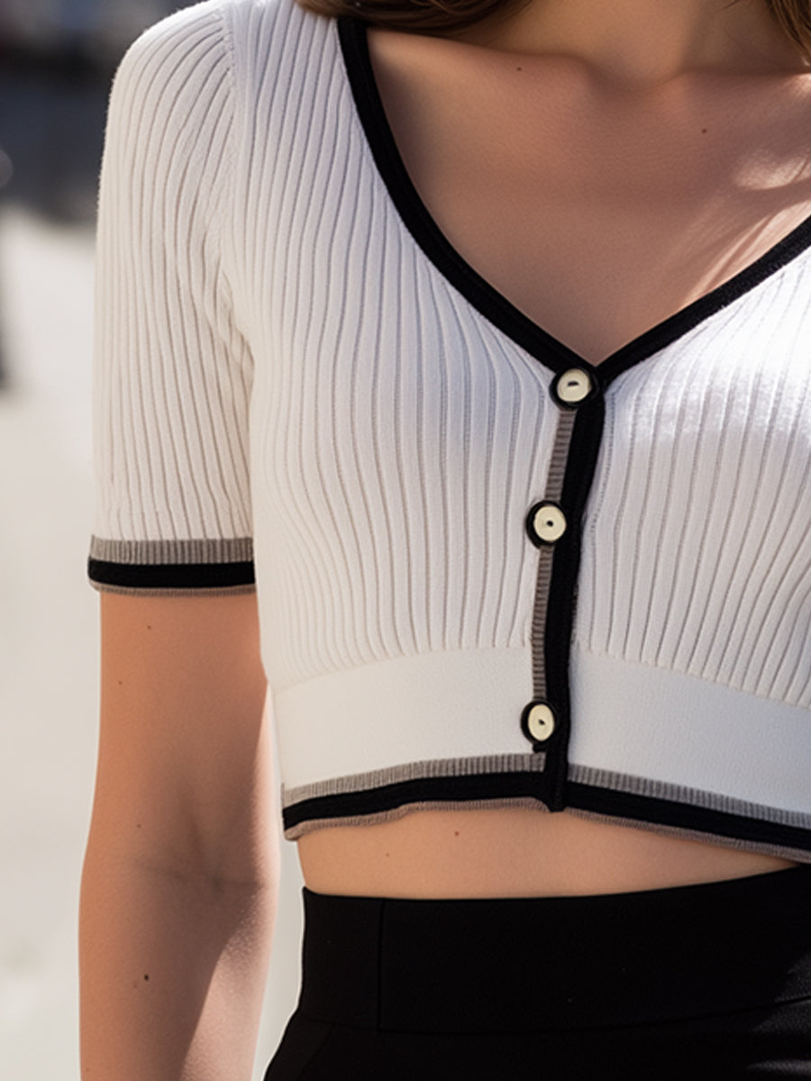 White Ribbed Knit Cropped Cardigan Top With Contrast Trim