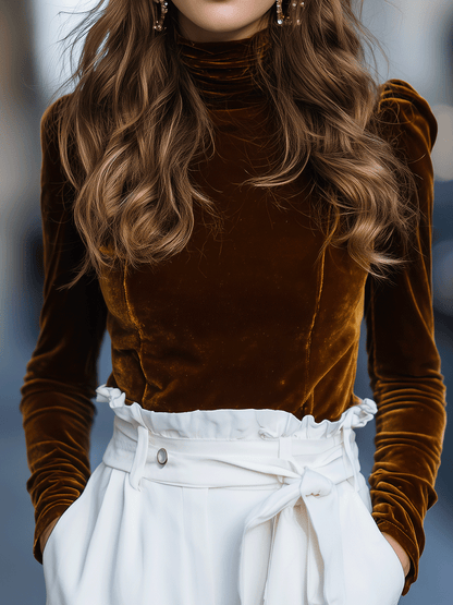 Burnt Caramel Velvet Turtleneck Top