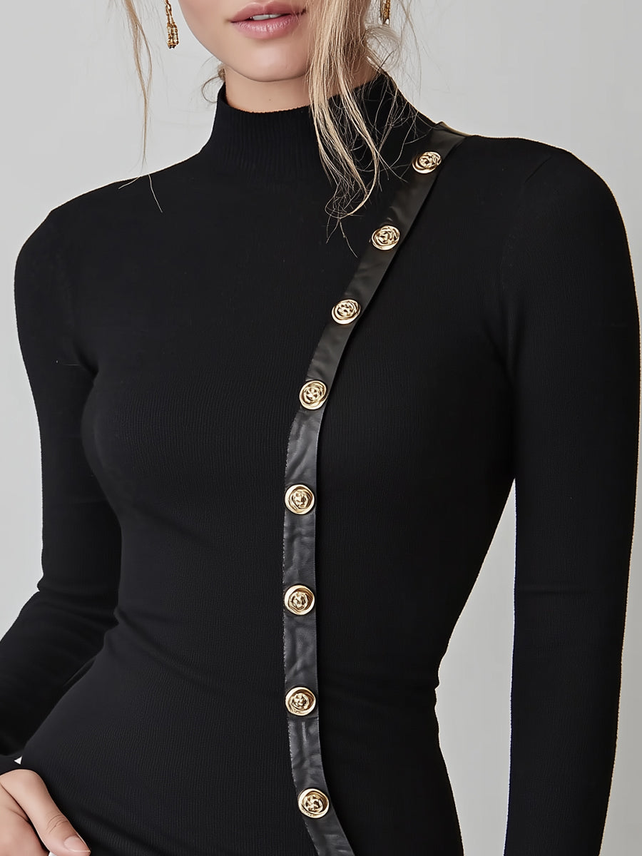 Black Rib-Knit Turtleneck Top - Edgy Leather Trim & Gold Button Detail