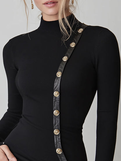 Black Rib-Knit Turtleneck Top - Edgy Leather Trim & Gold Button Detail