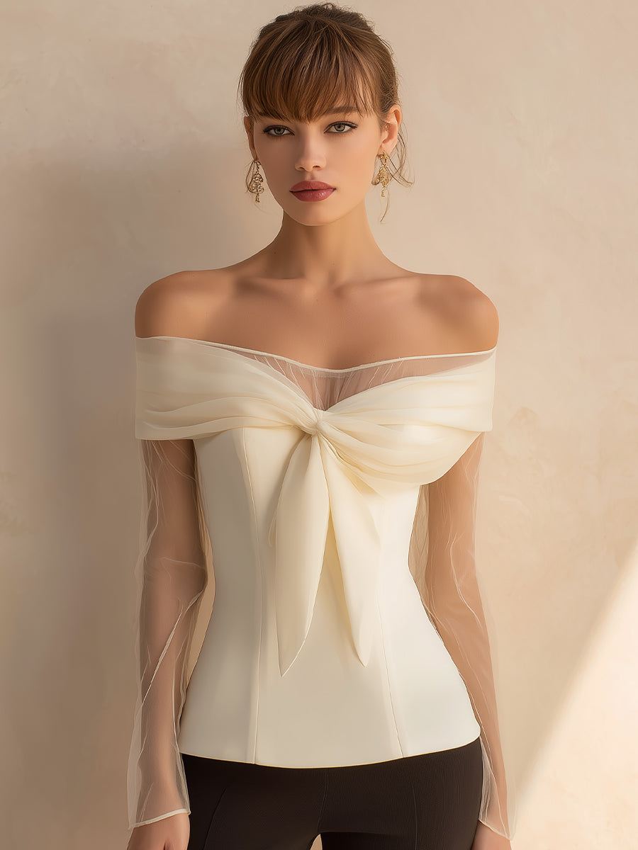 Off-Shoulder Bow Detail Top With Sheer Sleeves