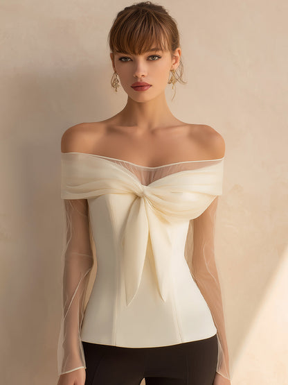 Off-Shoulder Bow Detail Top With Sheer Sleeves