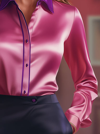 Bold Satin Blouse with Vibrant Pink and Purple Contrasts