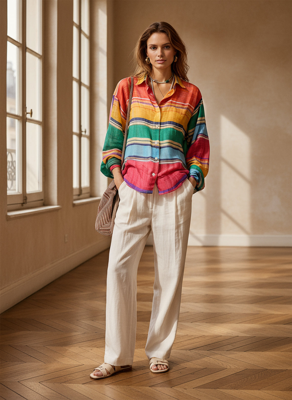 Chic Shirt Collar Rainbow Stripes Linen Blouse