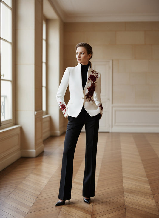 Chic White Blazer with Red Rose Embroidery