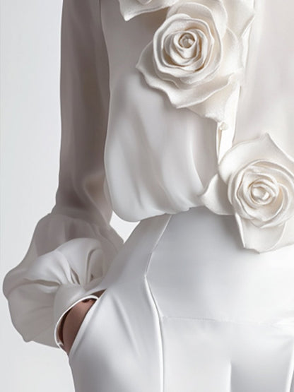 Modern White Blouse with 3D Rose Accents